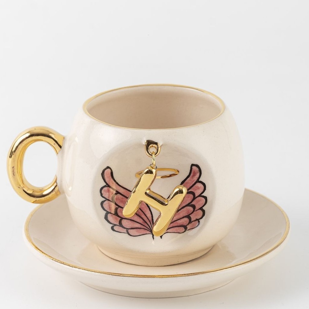 BSK Ceramics Handmade Harfli Pembe Melek Kahve Fincanı H Harfi - Beyaz Fincan / Bardak / Kahve Takımı Fiyatı