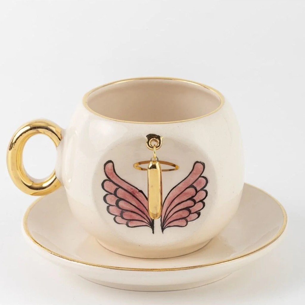 BSK Ceramics Handmade Harfli Pembe Melek Kahve Fincanı İ Harfi - Beyaz Fincan / Bardak / Kahve Takımı Fiyatı