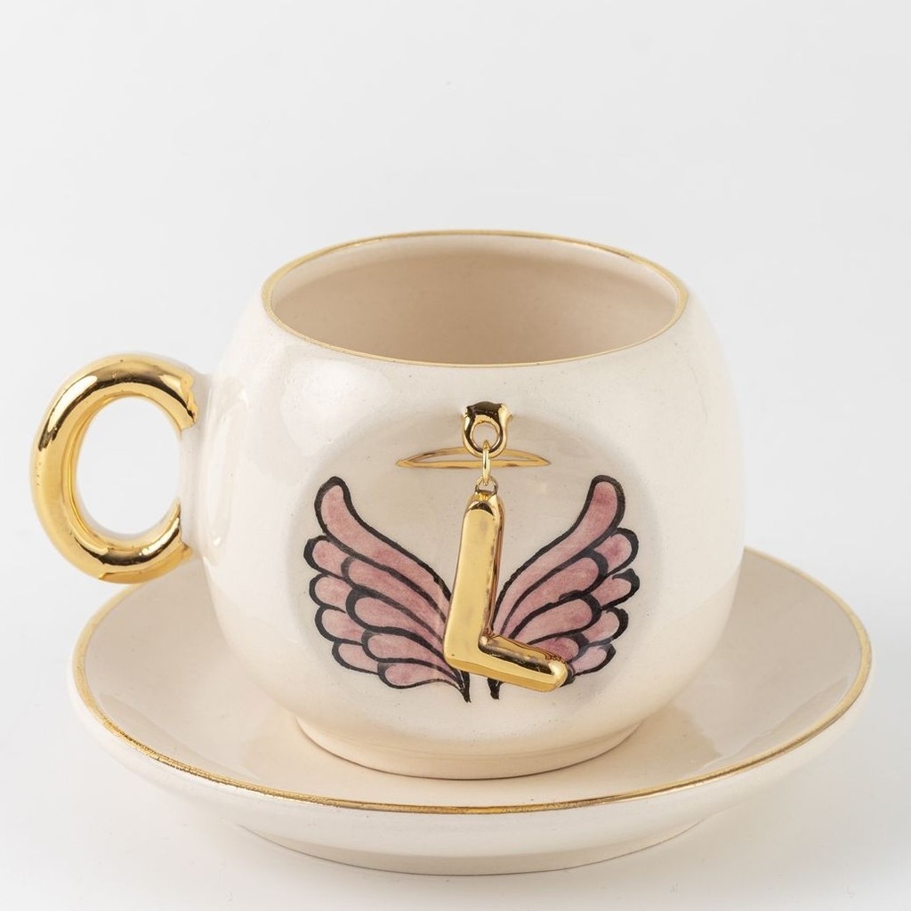 BSK Ceramics Handmade Harfli Pembe Melek Kahve Fincanı L Harfi - Beyaz Fincan / Bardak / Kahve Takımı Fiyatı