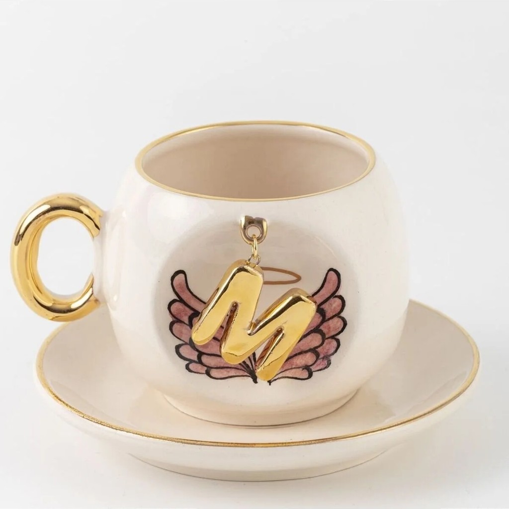 BSK Ceramics Handmade Harfli Pembe Melek Kahve Fincanı M Harfi - Beyaz Fincan / Bardak / Kahve Takımı Fiyatı