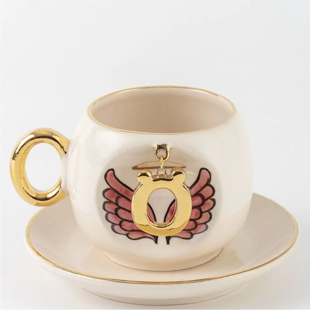 BSK Ceramics Handmade Harfli Pembe Melek Kahve Fincanı O Harfi - Beyaz Fincan / Bardak / Kahve Takımı Fiyatı