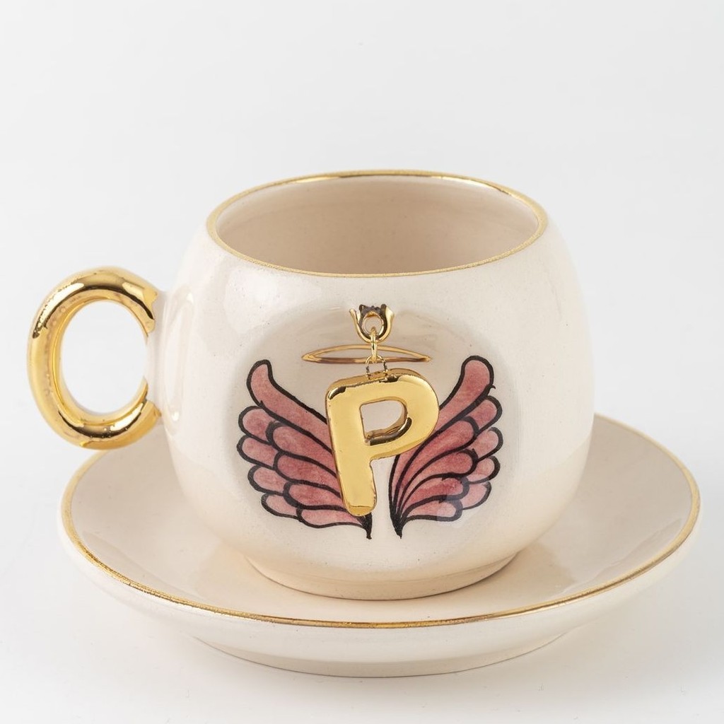 BSK Ceramics Handmade Harfli Pembe Melek Kahve Fincanı P Harfi - Beyaz Fincan / Bardak / Kahve Takımı Fiyatı