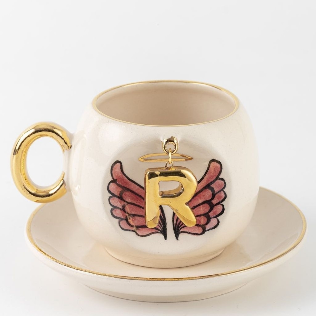 BSK Ceramics Handmade Harfli Pembe Melek Kahve Fincanı R Harfi - Beyaz Fincan / Bardak / Kahve Takımı Fiyatı