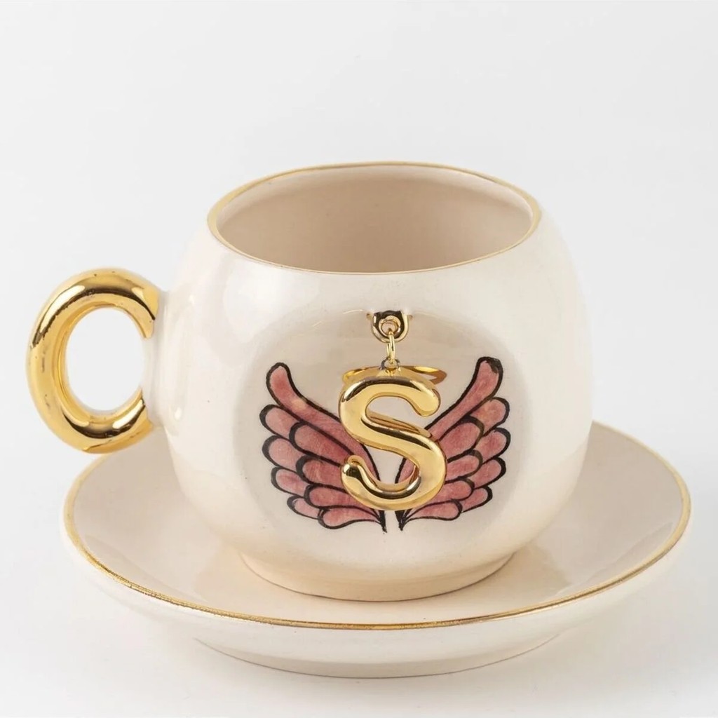 BSK Ceramics Handmade Harfli Pembe Melek Kahve Fincanı Ş Harfi - Beyaz Fincan / Bardak / Kahve Takımı Fiyatı