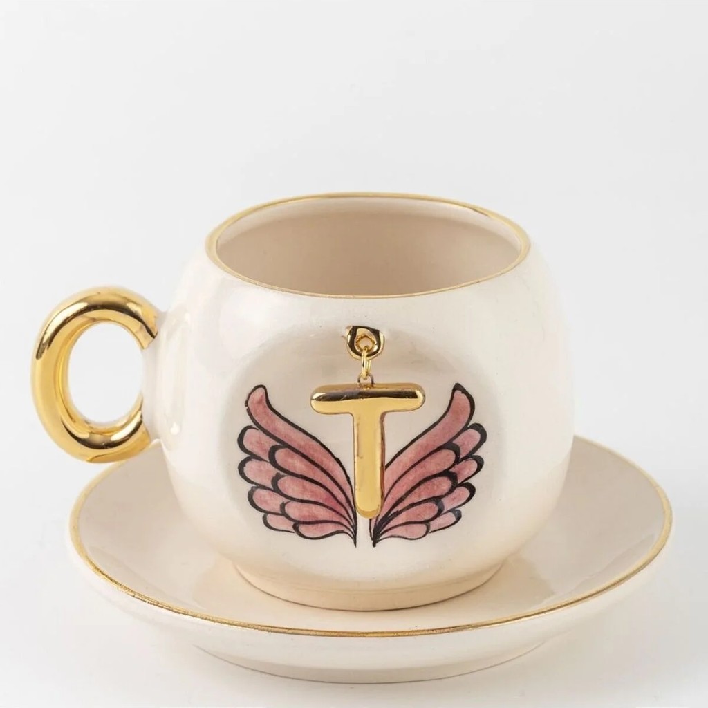 BSK Ceramics Handmade Harfli Pembe Melek Kahve Fincanı T Harfi - Beyaz Fincan / Bardak / Kahve Takımı Fiyatı