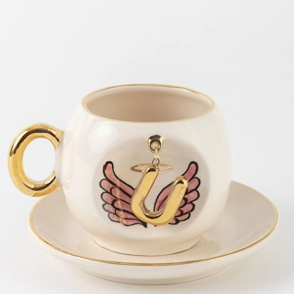 BSK Ceramics Handmade Harfli Pembe Melek Kahve Fincanı Ü Harfi - Beyaz Fincan / Bardak / Kahve Takımı Fiyatı