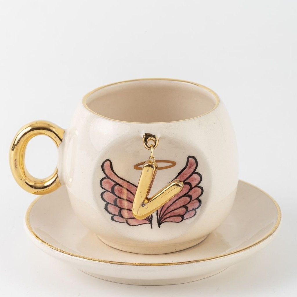 BSK Ceramics Handmade Harfli Pembe Melek Kahve Fincanı V Harfi - Beyaz Fincan / Bardak / Kahve Takımı Fiyatı