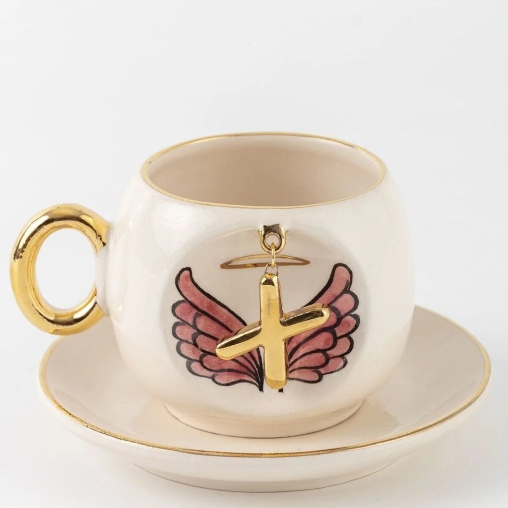 BSK Ceramics Handmade Harfli Pembe Melek Kahve Fincanı X Harfi - Beyaz Fincan / Bardak / Kahve Takımı Fiyatı