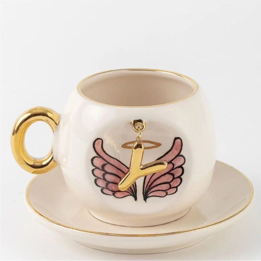 BSK Ceramics Handmade Harfli Pembe Melek Kahve Fincanı Y Harfi - Beyaz Fincan / Bardak / Kahve Takımı Fiyatı