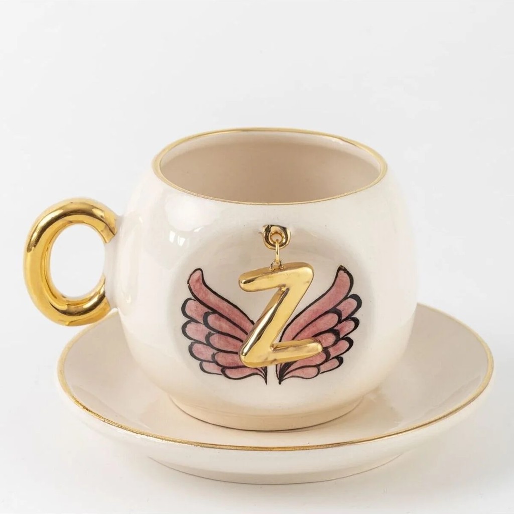 BSK Ceramics Handmade Harfli Pembe Melek Kahve Fincanı Z Harfi - Beyaz Fincan / Bardak / Kahve Takımı Fiyatı