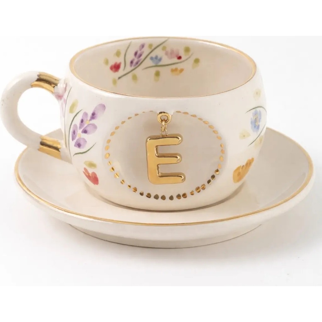 BSK Ceramics Handmade Harfli Porselen Bahardalı Çay Fincanı E Harfi - Beyaz Fincan / Bardak / Kahve Takımı Fiyatı