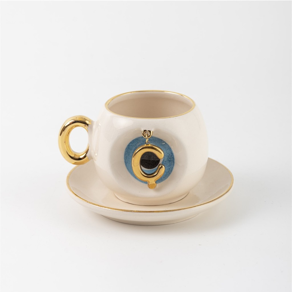 BSK Ceramics Handmade Mavi Nazar Boncuklu Harfli Kahve Fincanı Ç Harfi - Beyaz Fincan / Bardak / Kahve Takımı Fiyatı