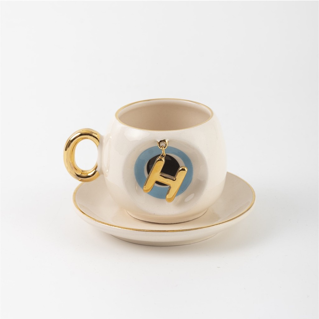BSK Ceramics Handmade Mavi Nazar Boncuklu Harfli Kahve Fincanı H Harfi - Beyaz Fincan / Bardak / Kahve Takımı Fiyatı