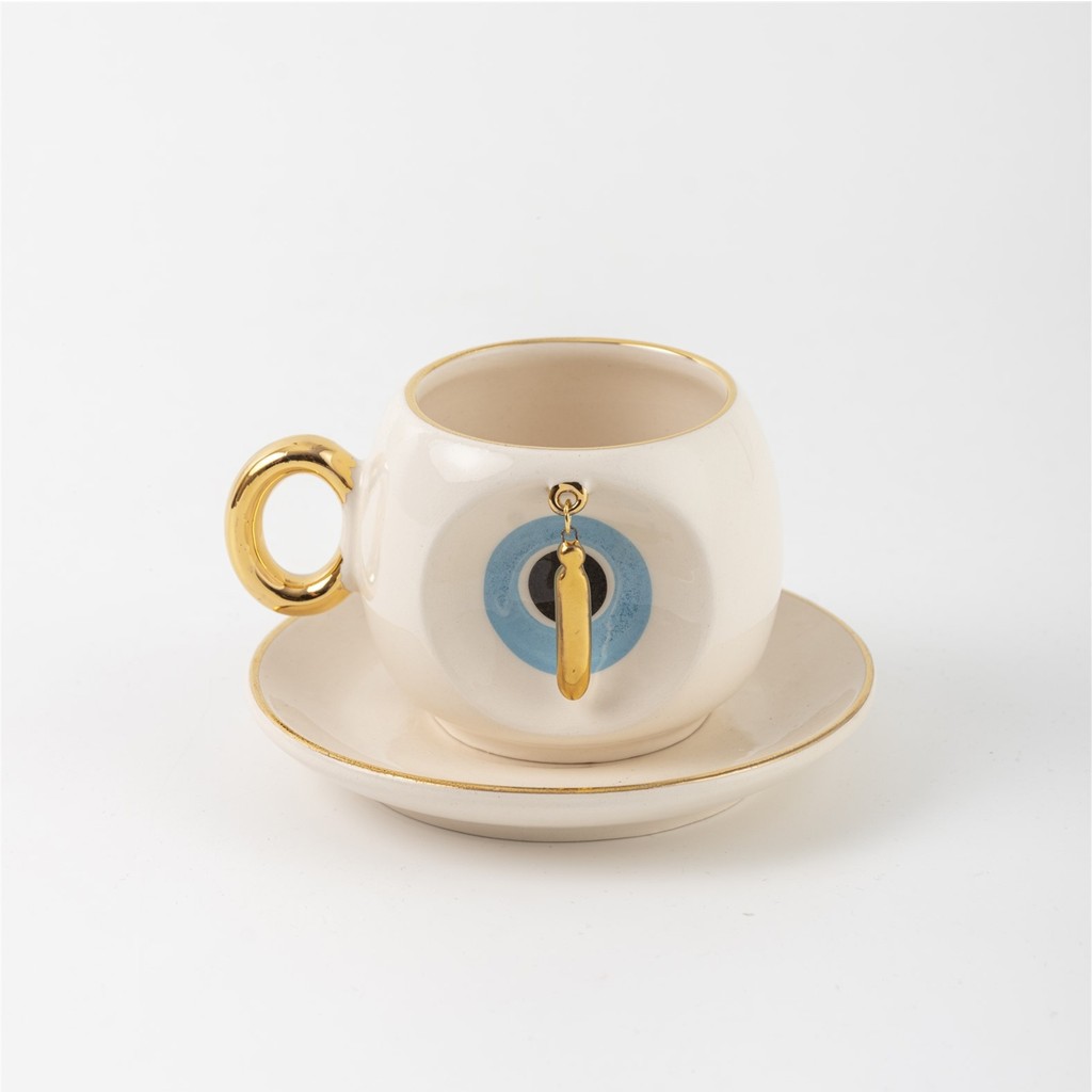 BSK Ceramics Handmade Mavi Nazar Boncuklu Harfli Kahve Fincanı İ Harfi - Beyaz Fincan / Bardak / Kahve Takımı Fiyatı