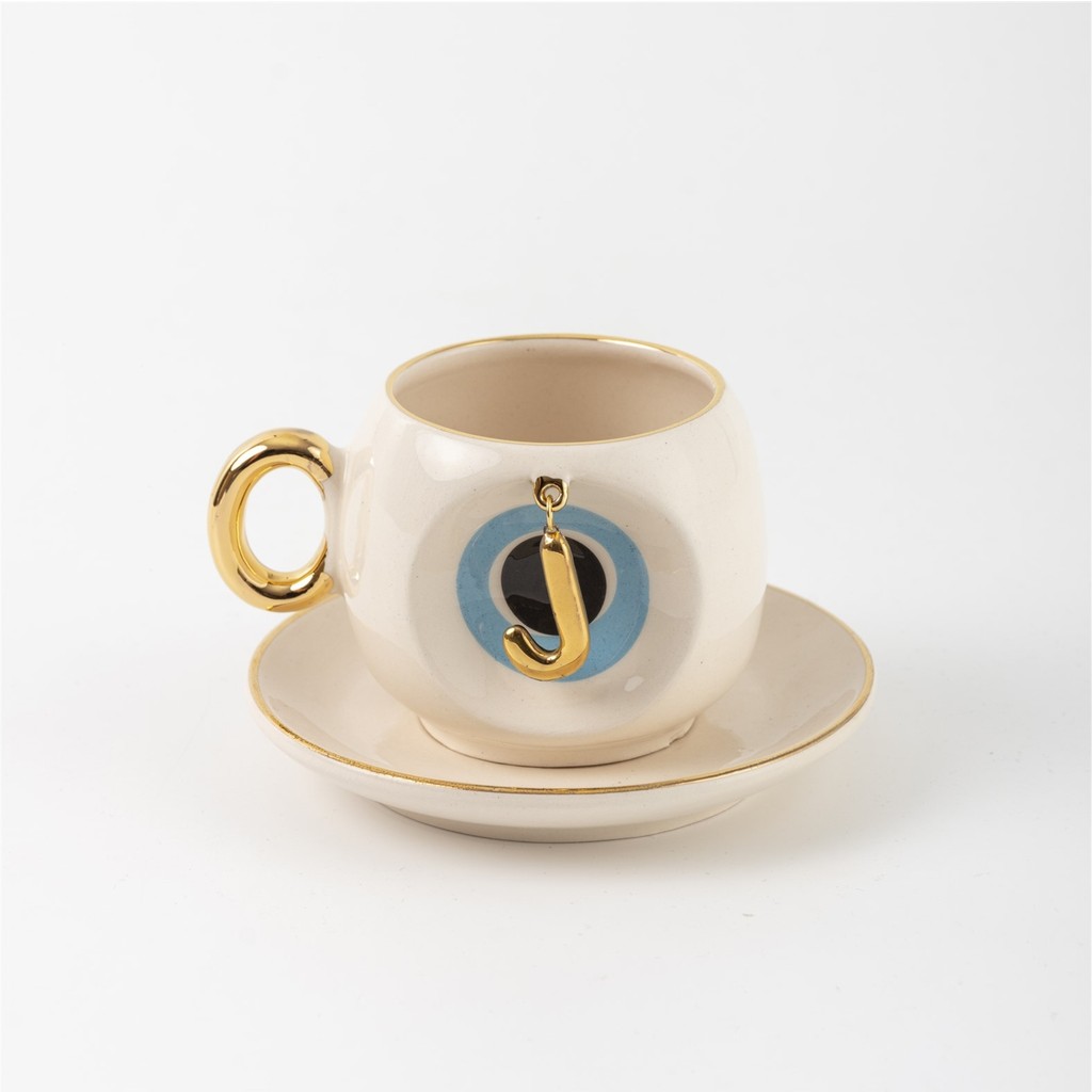 BSK Ceramics Handmade Mavi Nazar Boncuklu Harfli Kahve Fincanı J Harfi - Beyaz Fincan / Bardak / Kahve Takımı Fiyatı