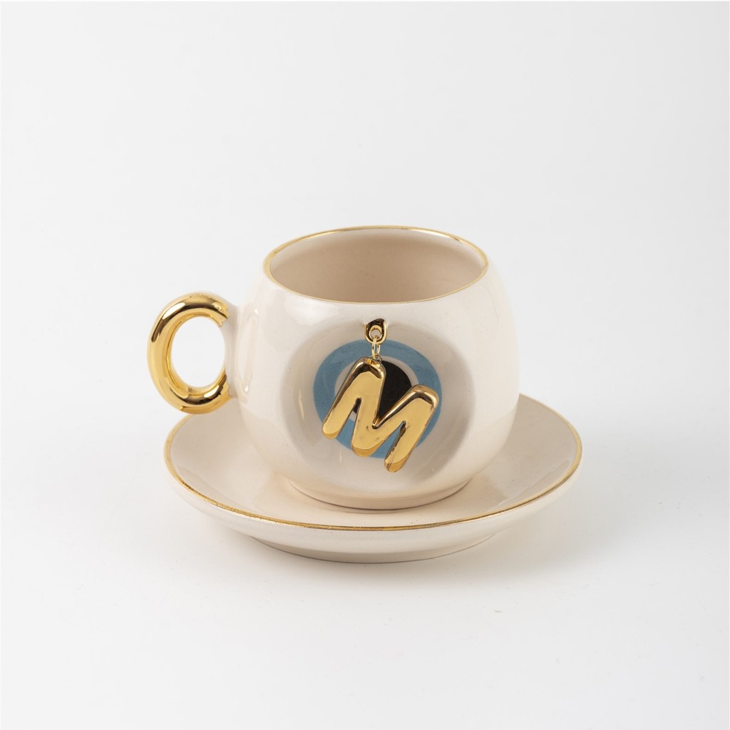 BSK Ceramics Handmade Mavi Nazar Boncuklu Harfli Kahve Fincanı M Harfi - Beyaz Fincan / Bardak / Kahve Takımı Fiyatı
