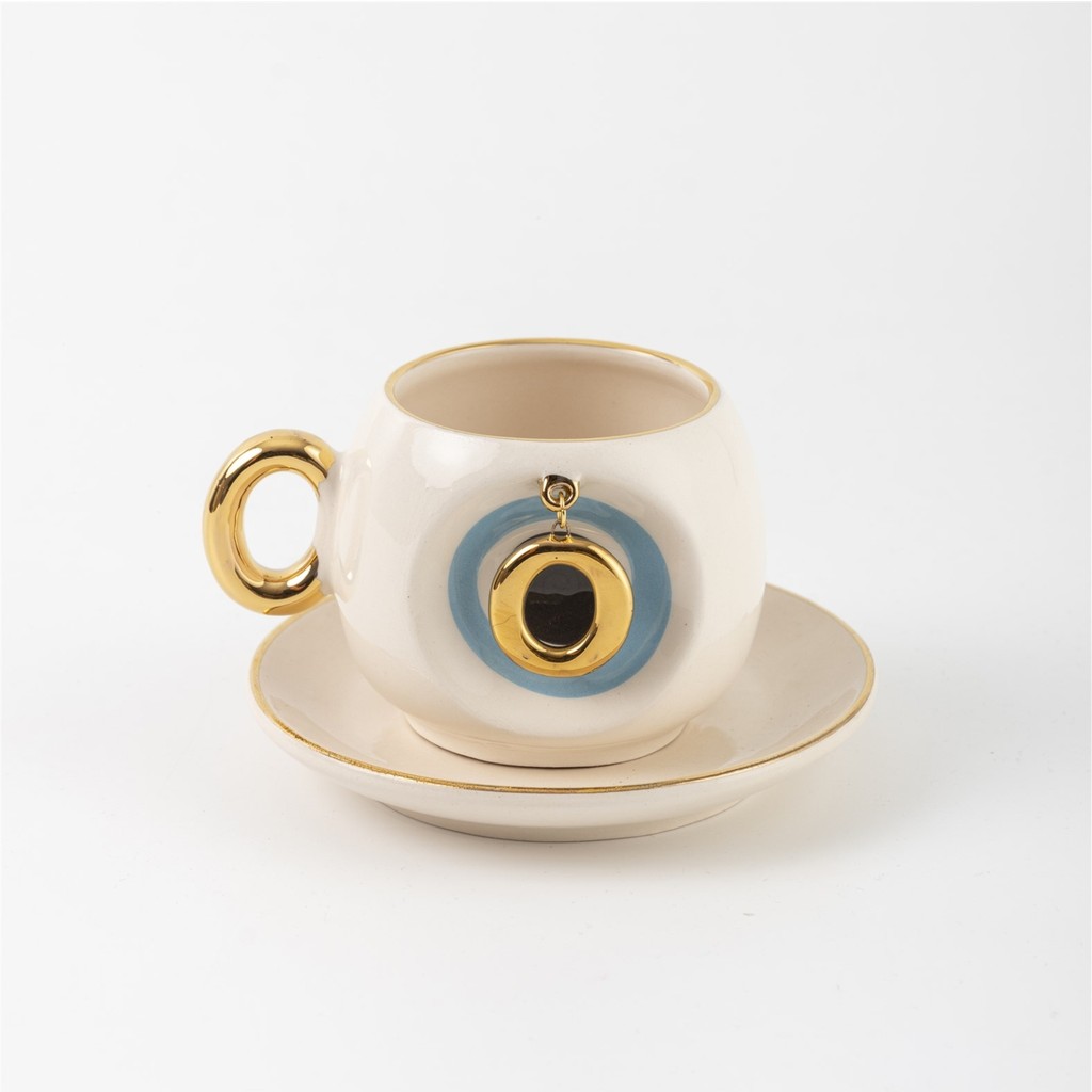 BSK Ceramics Handmade Mavi Nazar Boncuklu Harfli Kahve Fincanı O Harfi - Beyaz Fincan / Bardak / Kahve Takımı Fiyatı