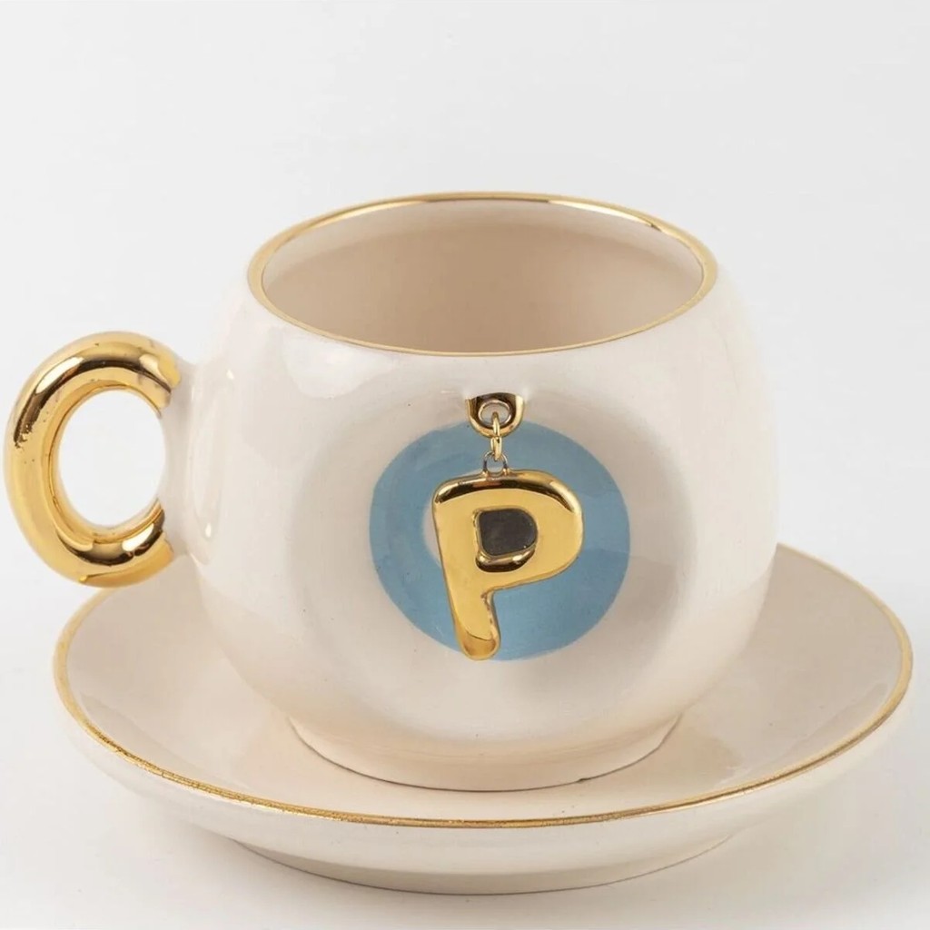 BSK Ceramics Handmade Mavi Nazar Boncuklu Harfli Kahve Fincanı P Harfi - Beyaz Fincan / Bardak / Kahve Takımı Fiyatı