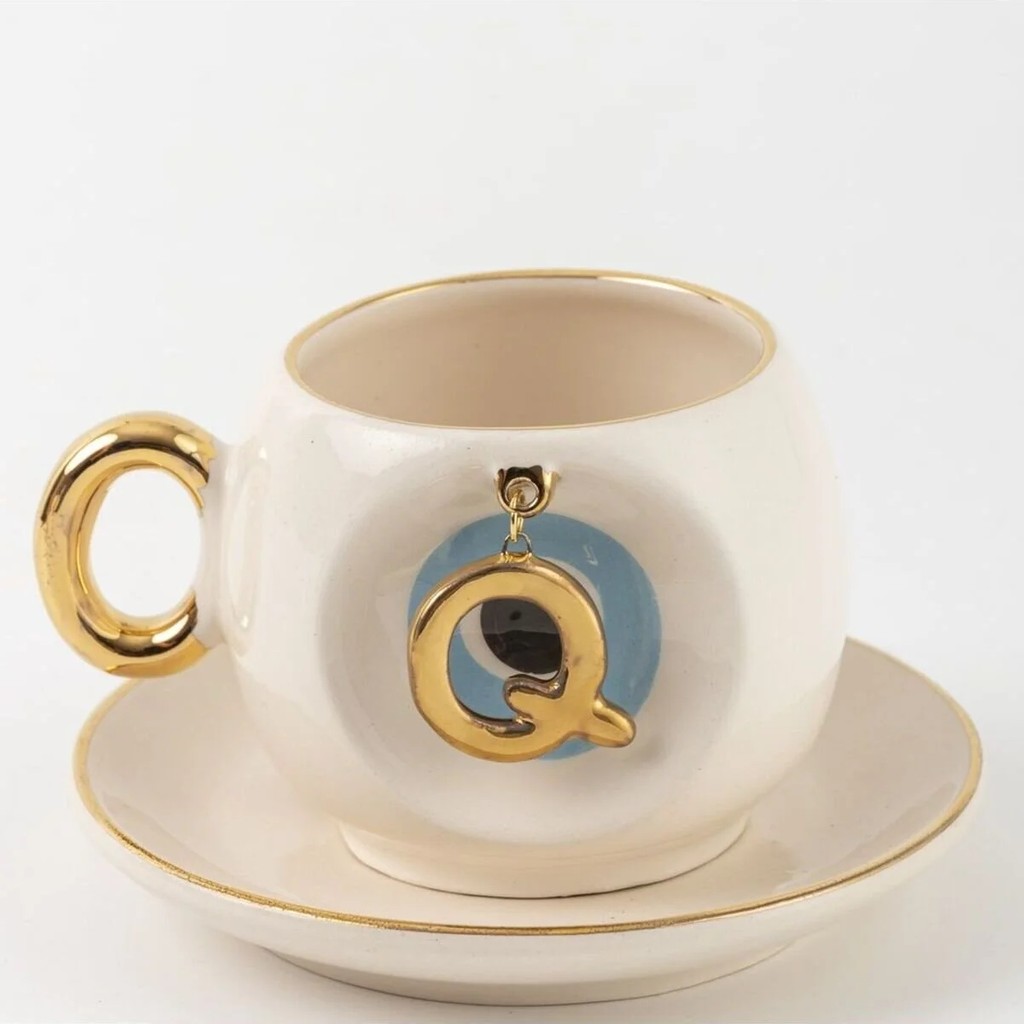 BSK Ceramics Handmade Mavi Nazar Boncuklu Harfli Kahve Fincanı Q Harfi - Beyaz Fincan / Bardak / Kahve Takımı Fiyatı