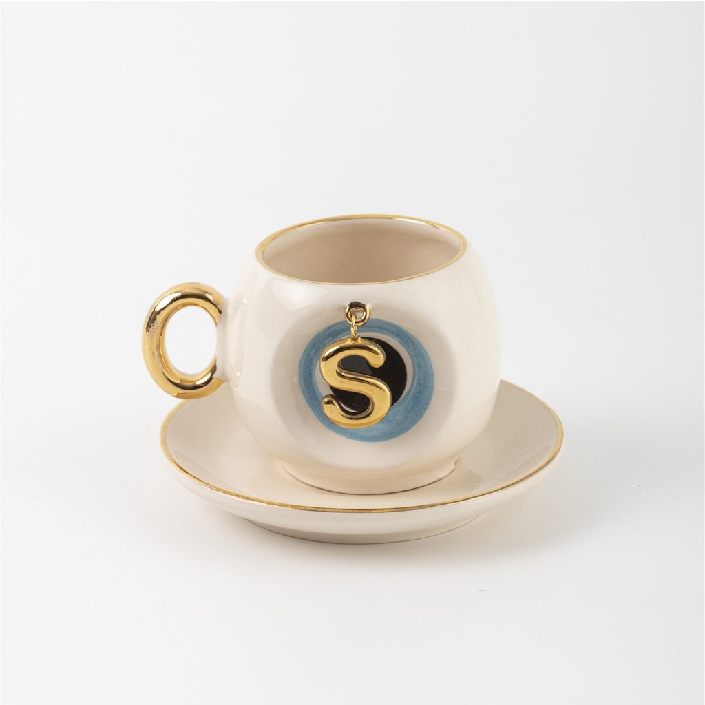 BSK Ceramics Handmade Mavi Nazar Boncuklu Harfli Kahve Fincanı S Harfi - Beyaz Fincan / Bardak / Kahve Takımı Fiyatı
