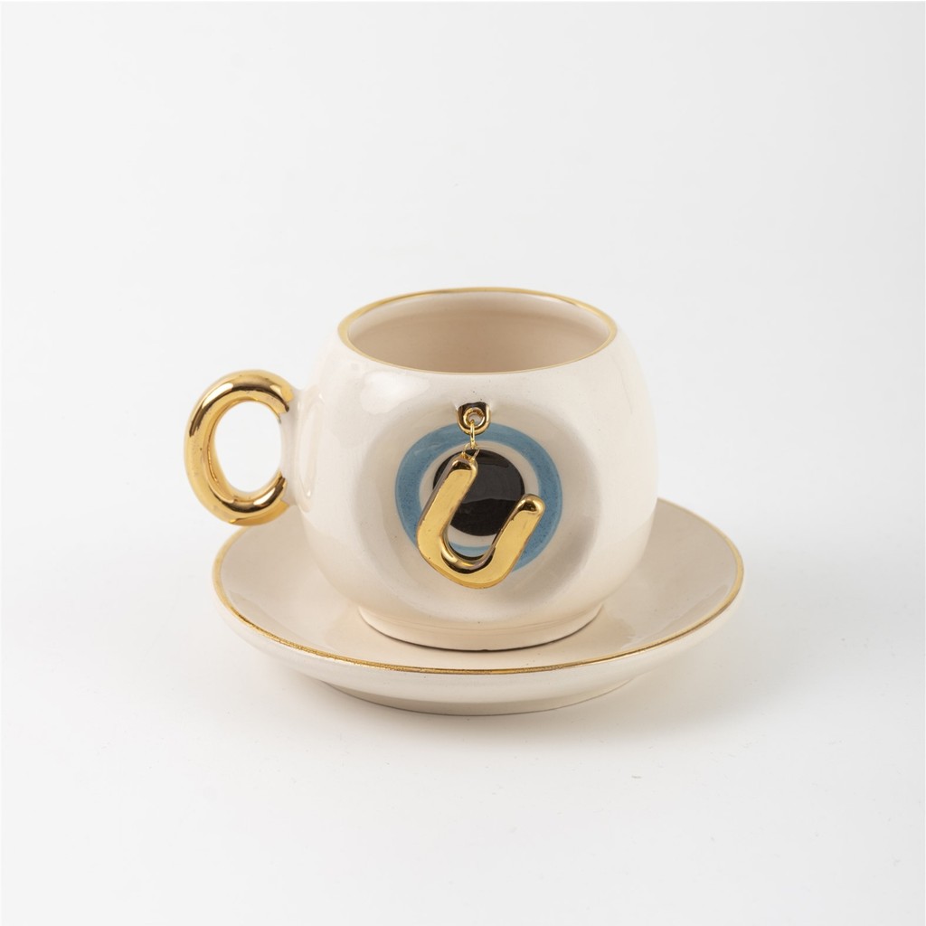 BSK Ceramics Handmade Mavi Nazar Boncuklu Harfli Kahve Fincanı Ü Harfi - Beyaz Fincan / Bardak / Kahve Takımı Fiyatı
