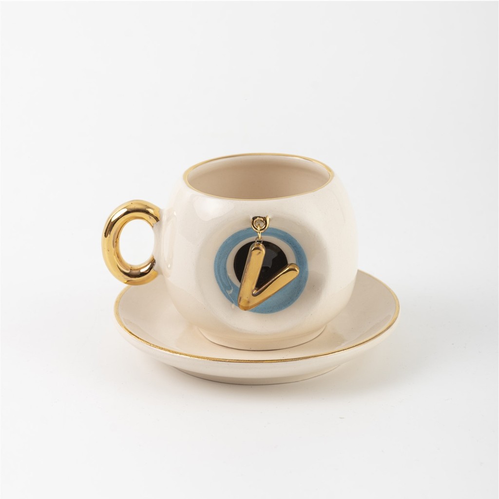 BSK Ceramics Handmade Mavi Nazar Boncuklu Harfli Kahve Fincanı V Harfi - Beyaz Fincan / Bardak / Kahve Takımı Fiyatı
