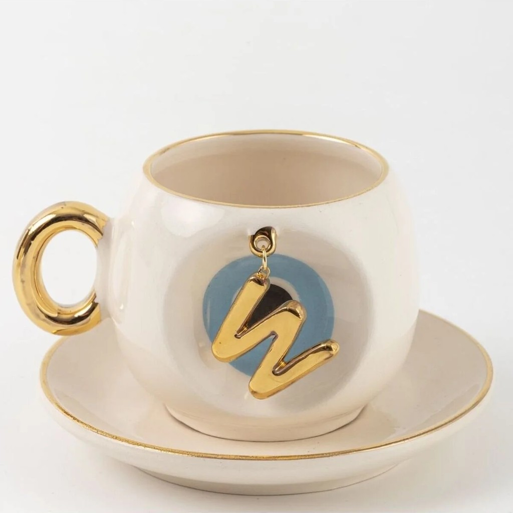 BSK Ceramics Handmade Mavi Nazar Boncuklu Harfli Kahve Fincanı W Harfi - Beyaz Fincan / Bardak / Kahve Takımı Fiyatı