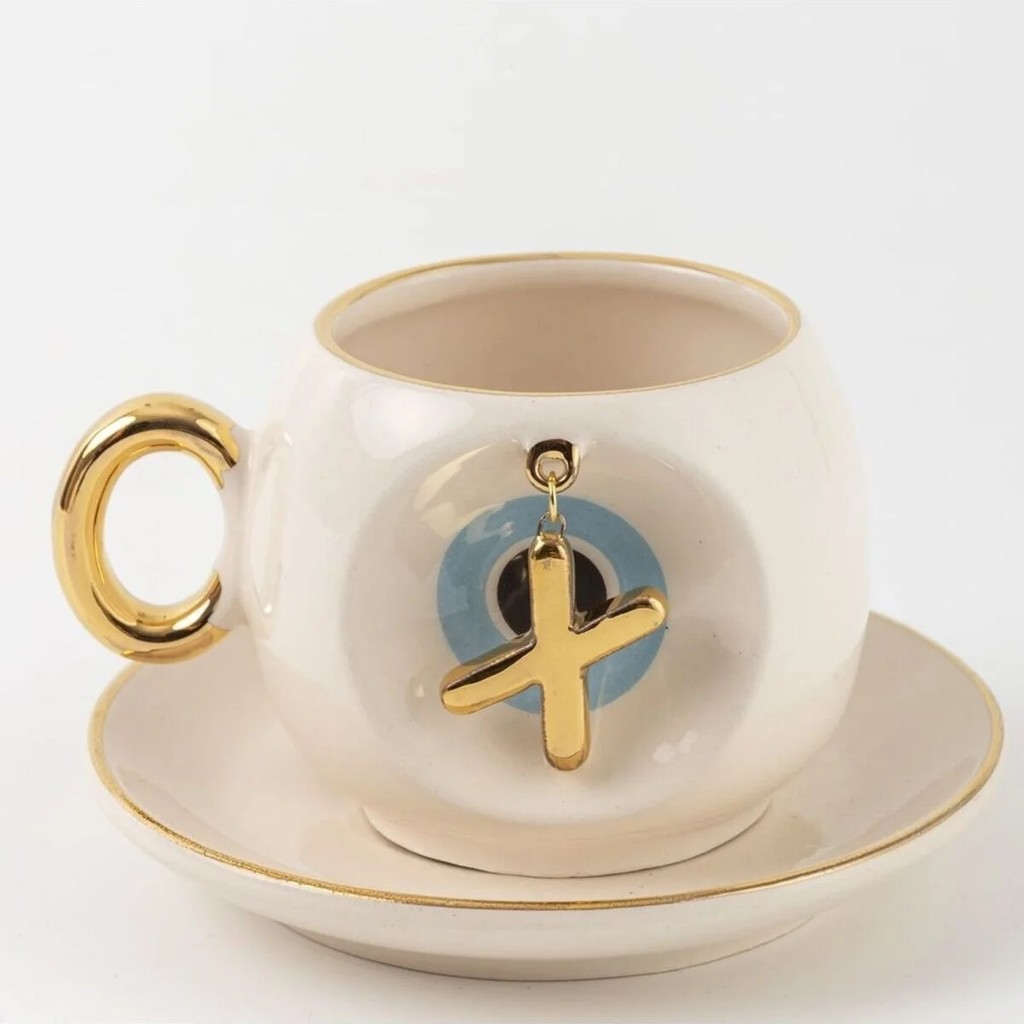 BSK Ceramics Handmade Mavi Nazar Boncuklu Harfli Kahve Fincanı X Harfi - Beyaz Fincan / Bardak / Kahve Takımı Fiyatı