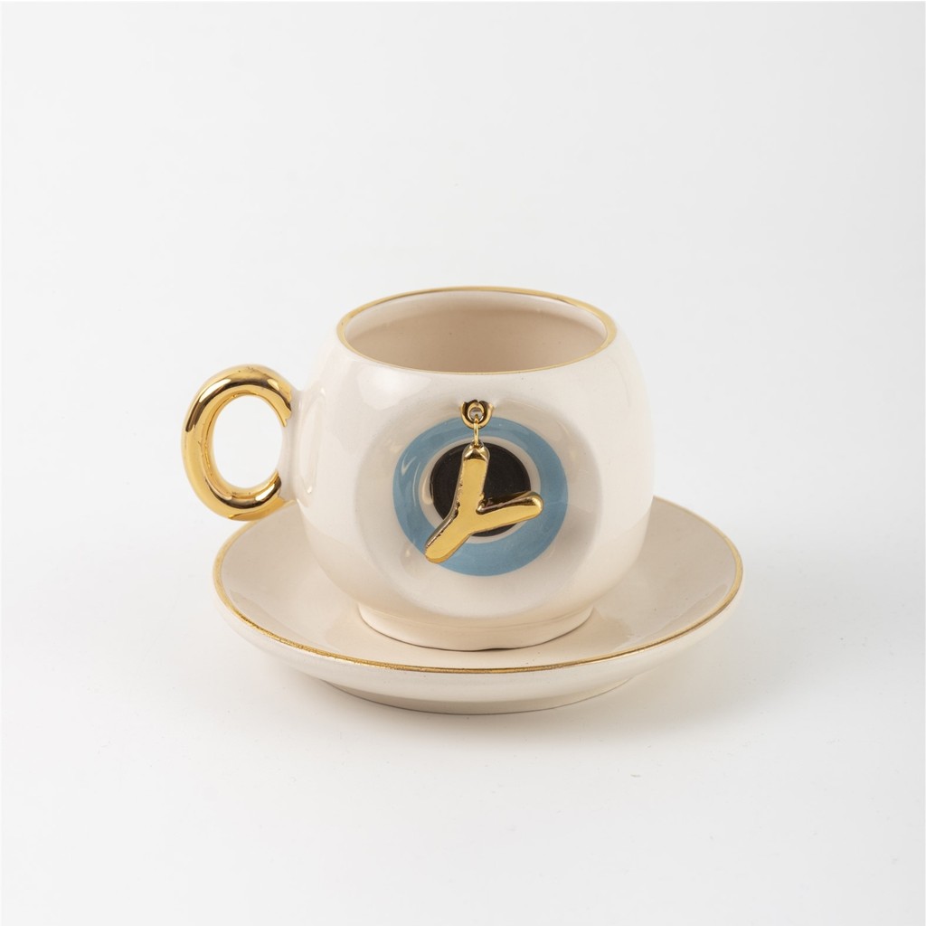 BSK Ceramics Handmade Mavi Nazar Boncuklu Harfli Kahve Fincanı Y Harfi - Beyaz Fincan / Bardak / Kahve Takımı Fiyatı
