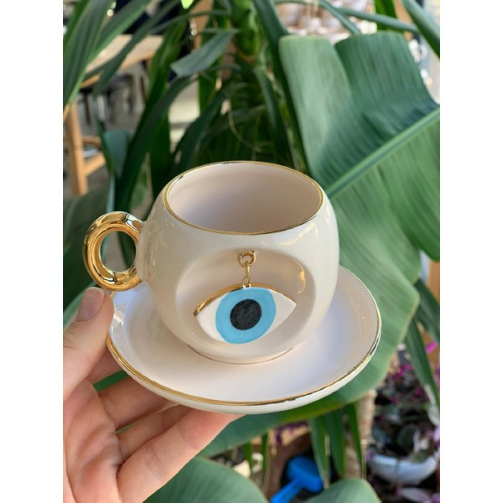 BSK Ceramics Handmade Nazar Göz Oyuklu Kahve Fincanı Mavi Seramik El Yapımı Fincan / Bardak / Kahve Takımı Fiyatı