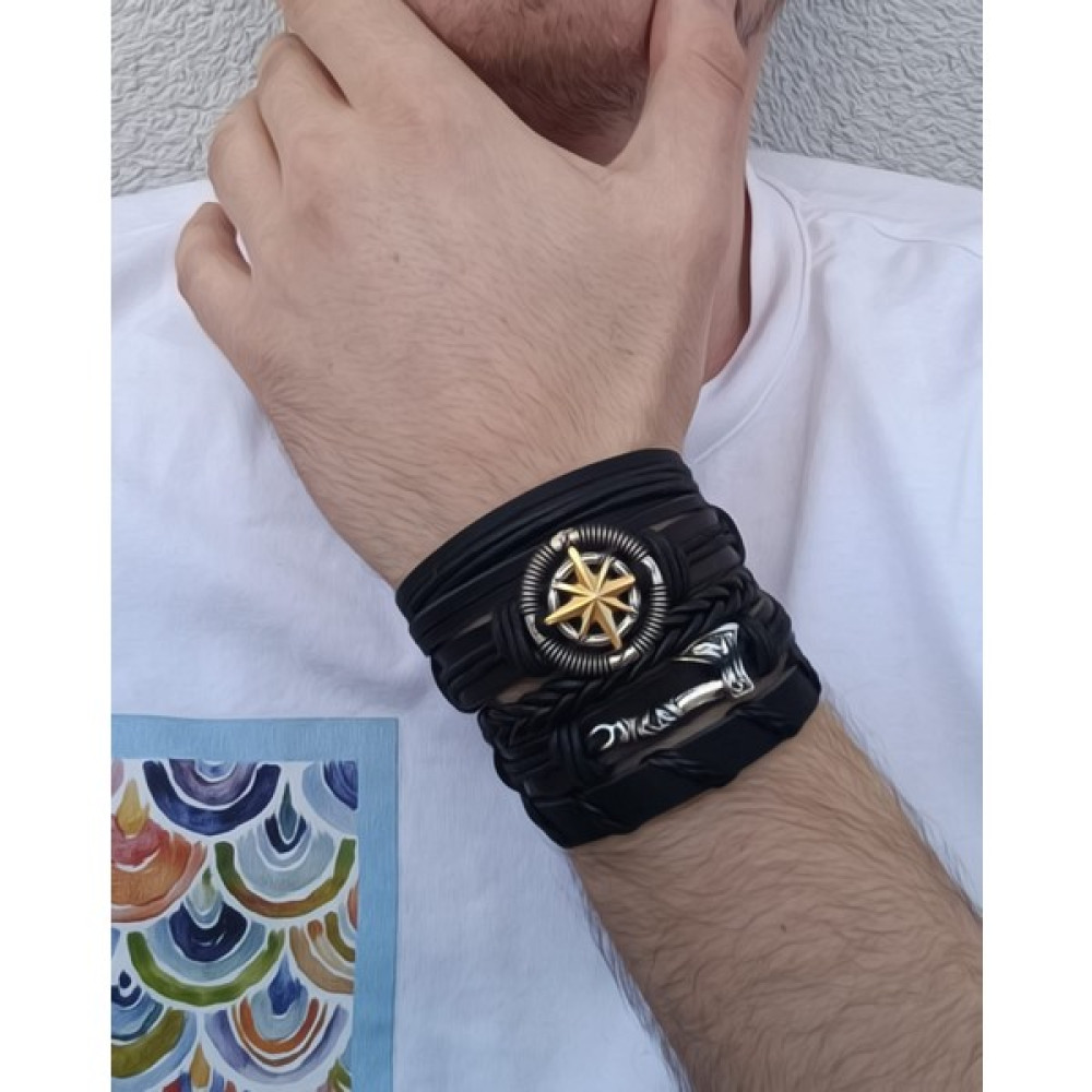 BSN Iskandinav Viking Balta ve Gold Renk Pusula Figürlü El Yapımı 5'li Deri Bileklik Saat ve Bileklik Aksesuarı Fiyatı