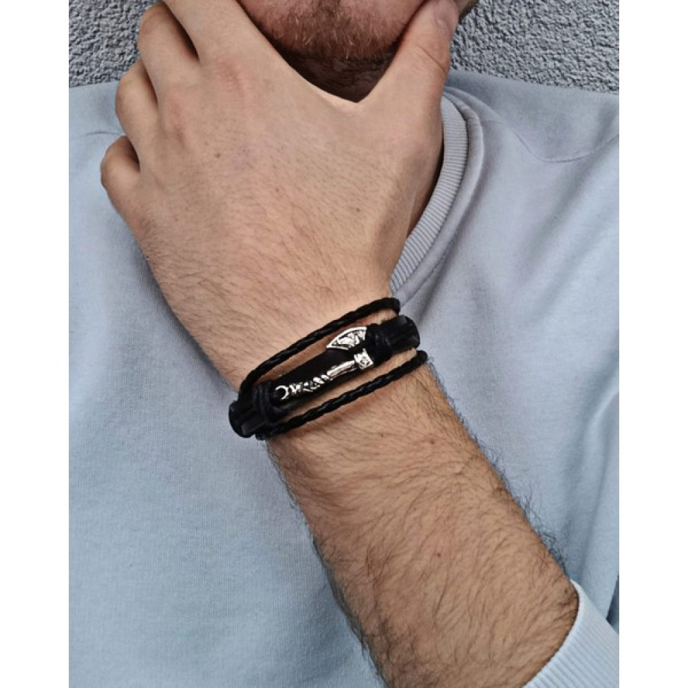 BSN Viking Balta Figürlü Tek Parça 3'ü Bir Arada Siyah El Yapımı Deri Bileklik Saat ve Bileklik Aksesuarı Fiyatı