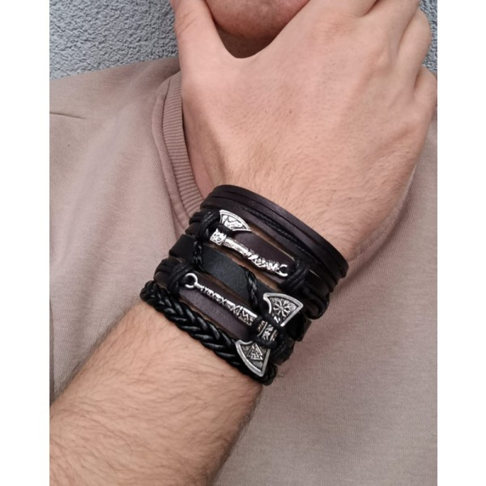 BSN Viking Thor İskandinav Charm Çift Balta 5 Adet Hakiki Deri Bileklik - Siyah Saat ve Bileklik Aksesuarı Fiyatı