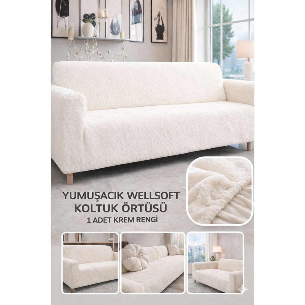 Btf Home Yumuşacık Welsoft Koltuk Örtüsü Kaymaz Esnek Düz Krem Renk 3 Kişilik 1 Parça - 180 x 230 cm - Krem - Bej Diğer Fiyatı