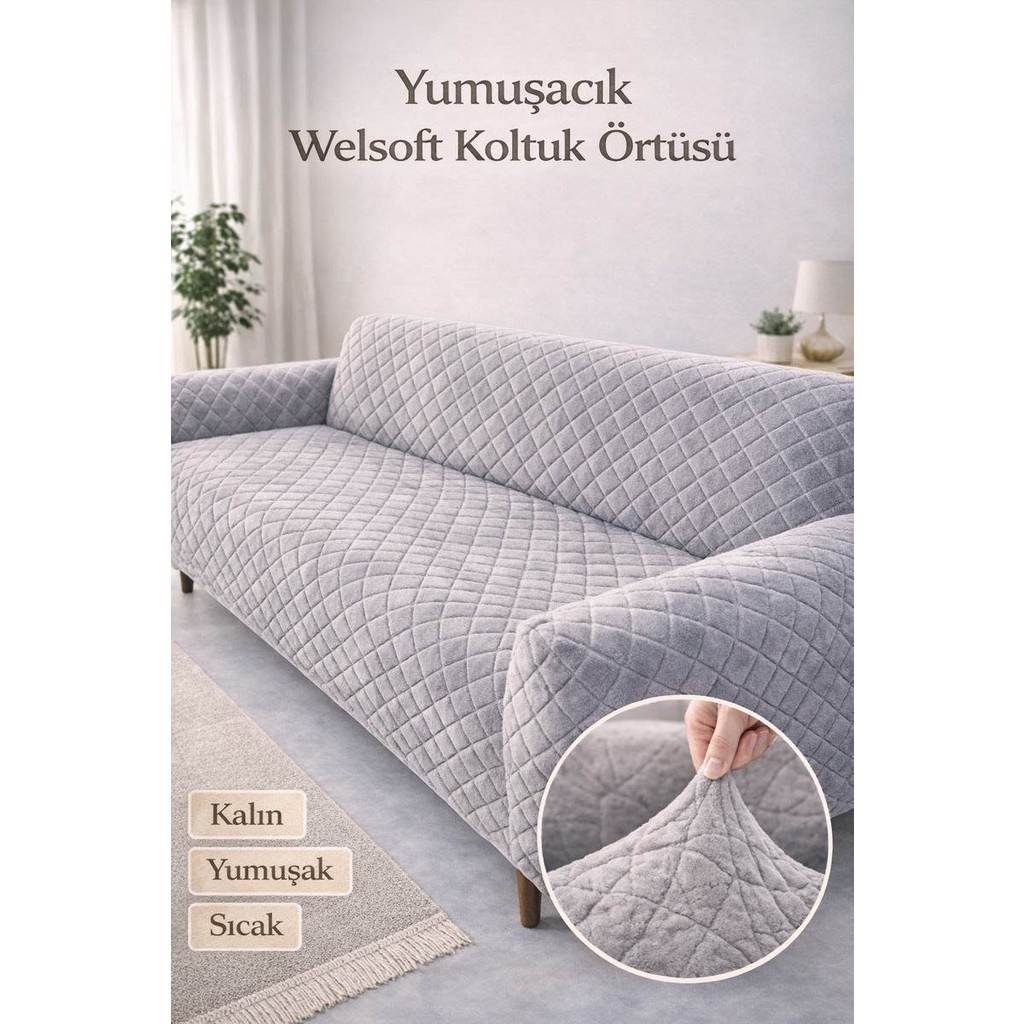 Btf Home Yumuşacık Welsoft Lastikli 3 Kişilik Koltuk Örtüsü Kaymaz Esnek ve Yıkanabilir Koltuk Kılıfı - 180 x 230 cm - Gri Diğer Fiyatı