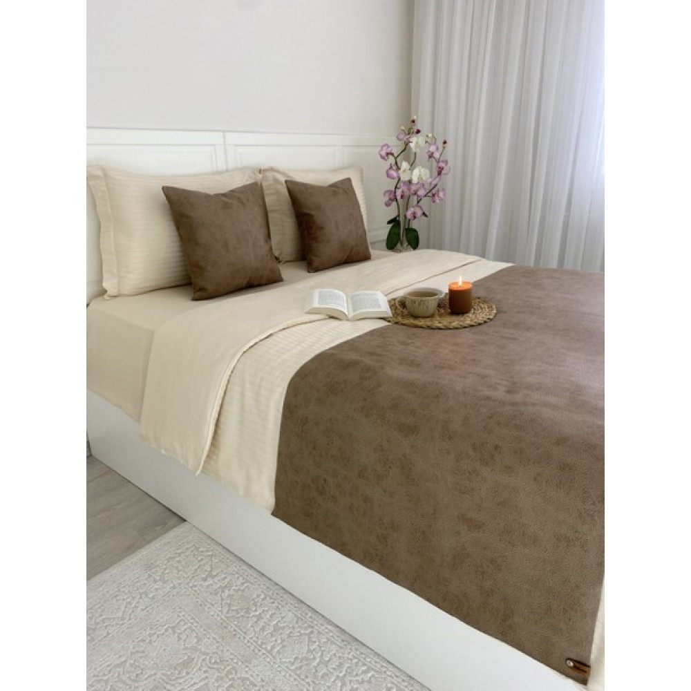 Bu Home Yatak Runner Kırlent Seti Modern Tarz Deri Görünümlü Retro Koyu Krem Rengi 3'lü Set - 70 x 230 cm Yatak Örtüsü Fiyatı