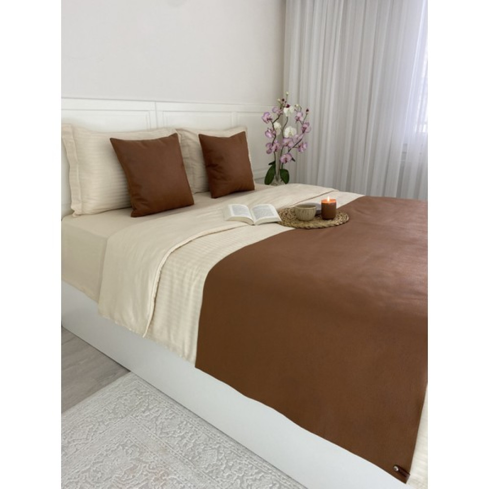 Bu Home Yatak Runner Kırlent Seti Modern Tarz Deri Görünümlü Retro Taba Rengi 3'lü Set - Kahve - 70 x 230 cm Yatak Örtüsü Fiyatı