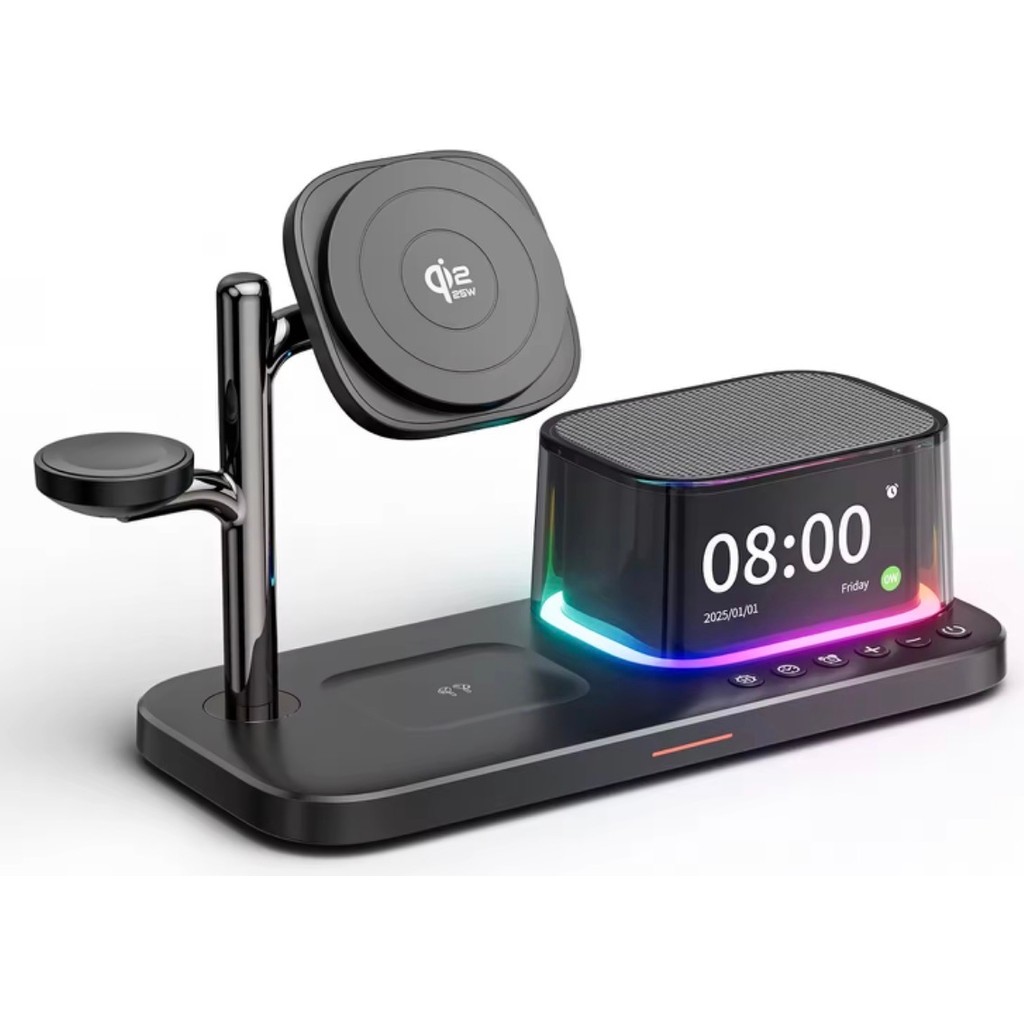 Bubitechh 5’i 1 Arada 25W Qi2 Manyetik Kablosuz Şarj Standı Bluetooth Hoparlör Alarm Saat LED Işık - Siyah Akıllı Saat Aksesuarı Fiyatı