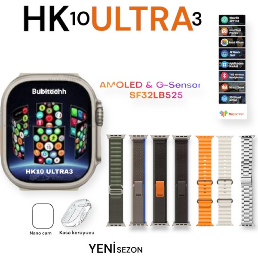 Bubitechh HK10 Ultra 3 Amoled Ekran G-Sensör 2.02 Inç Akıllı Saat (2024) 1gb 5 Kordon ( Erkek) - Gümüş - METAL SET Diğer Fiyatı