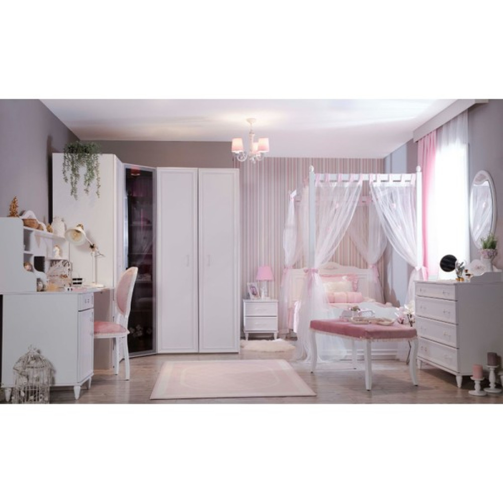 Bubu Home Isabella Genç Odası Cibinlikli Karyola -4 Kapılı Dolap -Aynalı Şifonyer -Çalışma Masası -Komodin Genç Odası Takımı / Seti Fiyatı