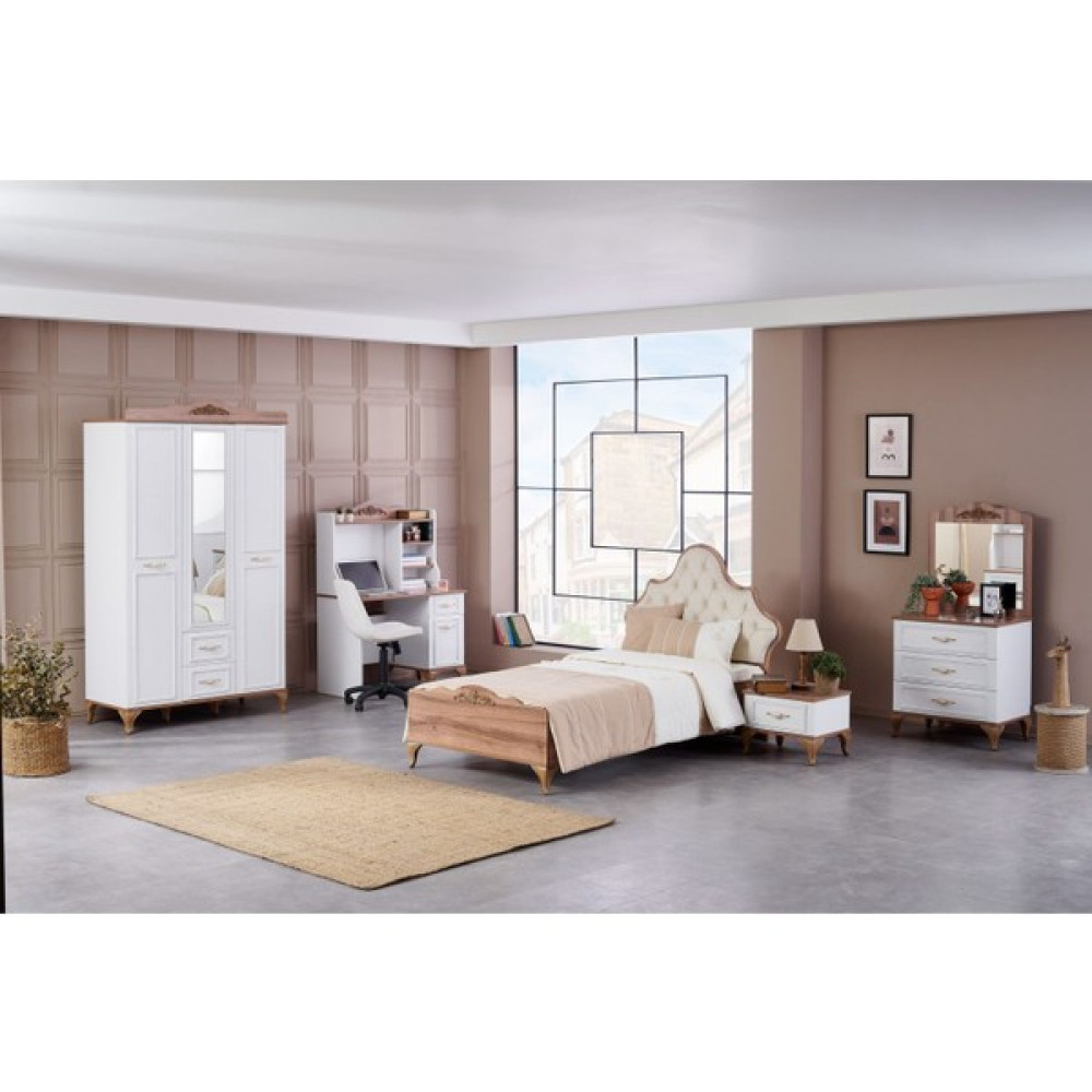 Bubu Home Madore Genç Odası Takımı 3 Kapılı Dolap + Karyola + Çalışma Masası + Kitaplık + Şifonyer + Komodin - Ekru Genç Odası Takımı / Seti Fiyatı