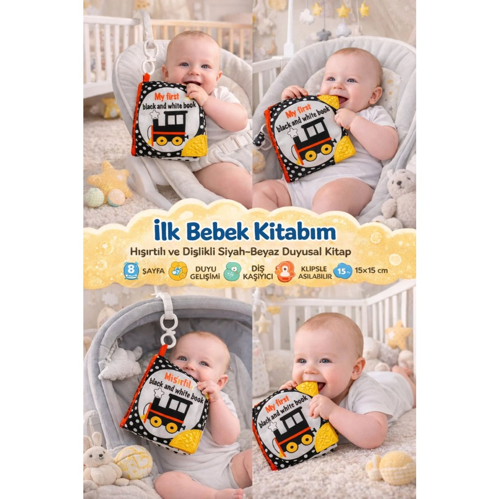 Budizzz Hışırtılı ve Dişlikli Siyah-Beyaz Duyusal Kitap 0-24 Ay için 8 Sayfa Eğlenceli Aktivite Seti Diğer Fiyatı