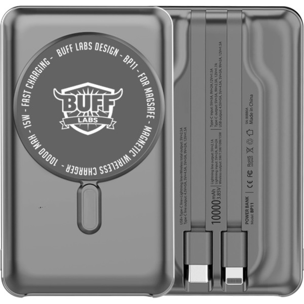 Buff BP11 10000MAH Magsafe Uyumlu Dahili Kablolu Powerbank Gray - Gri Taşınabilir Şarj Cihazı - Powerbank Fiyatı