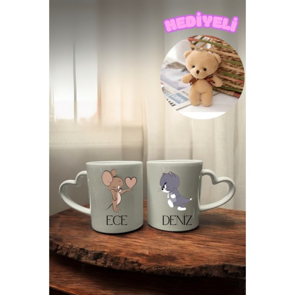 Bugia Ayıcık Hediyeli Tom ve Jerry Temalı Çift Kupası - Sevgililere Özel 2’li Set - Beyaz Oto Boyaları Fiyatı