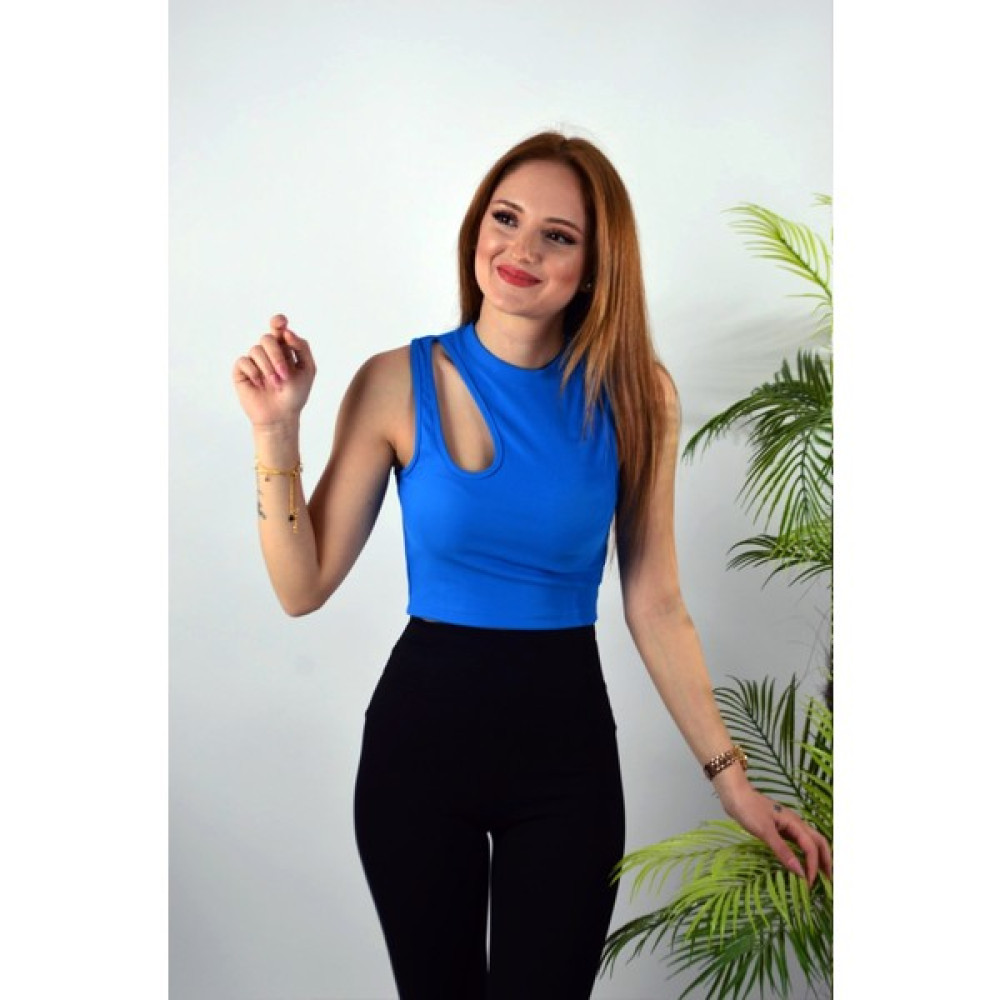 Bugia Damla Detaylı Kısa Kol Mavi Crop Bluz Fiyatı