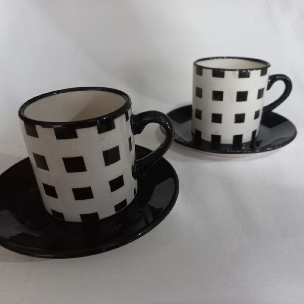 Buğra Seramik 2'li Fincan Seti, Modern Motifli, El Yapımı, 4 Parça Kahve Fincan Takımı - 90 ml - Beyaz - Siyah Fincan / Bardak / Kahve Takımı Fiyatı