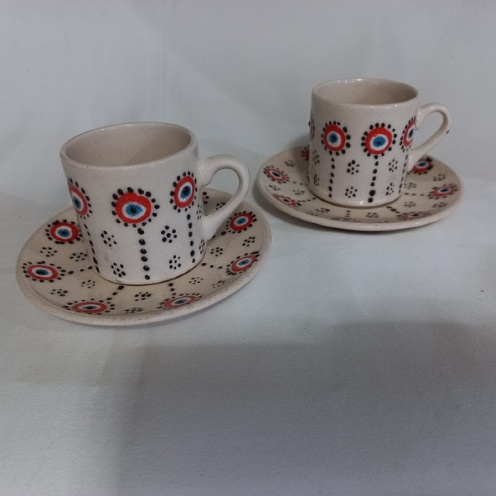 Buğra Seramik 2'li Fincan Seti, Nazar Boncuğu Motifli, El Yapımı, 4 Parça Kahve Fincan Takımı - 90 ml - Kırmızı Fincan / Bardak / Kahve Takımı Fiyatı