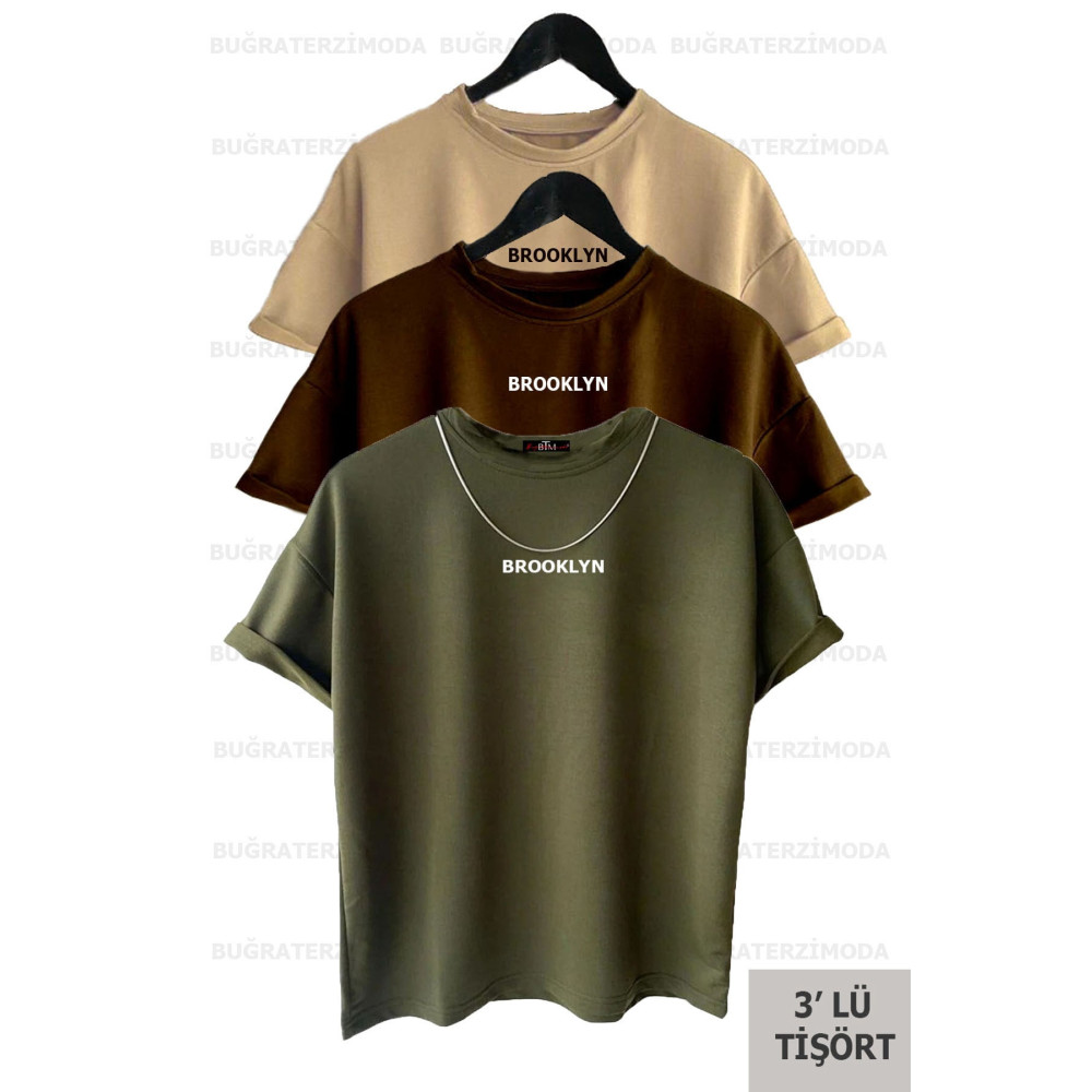 Buğraterzimoda Brooklyn Baskılı Unisex Kahverengi-haki-bej (bol Kalıp) Oversize 3lü T-shirt Paketi S Beden Bayan T-shirt Fiyatı