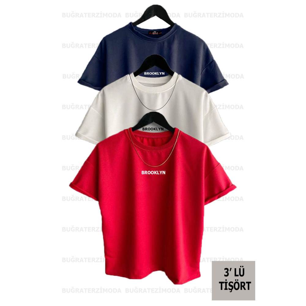 Buğraterzimoda Brooklyn Baskılı Unisex Lacivert-kırmızı-beyaz (bol Kalıp) Oversize 3lü T-shirt Paketi XL Beden Bayan T-shirt Fiyatı