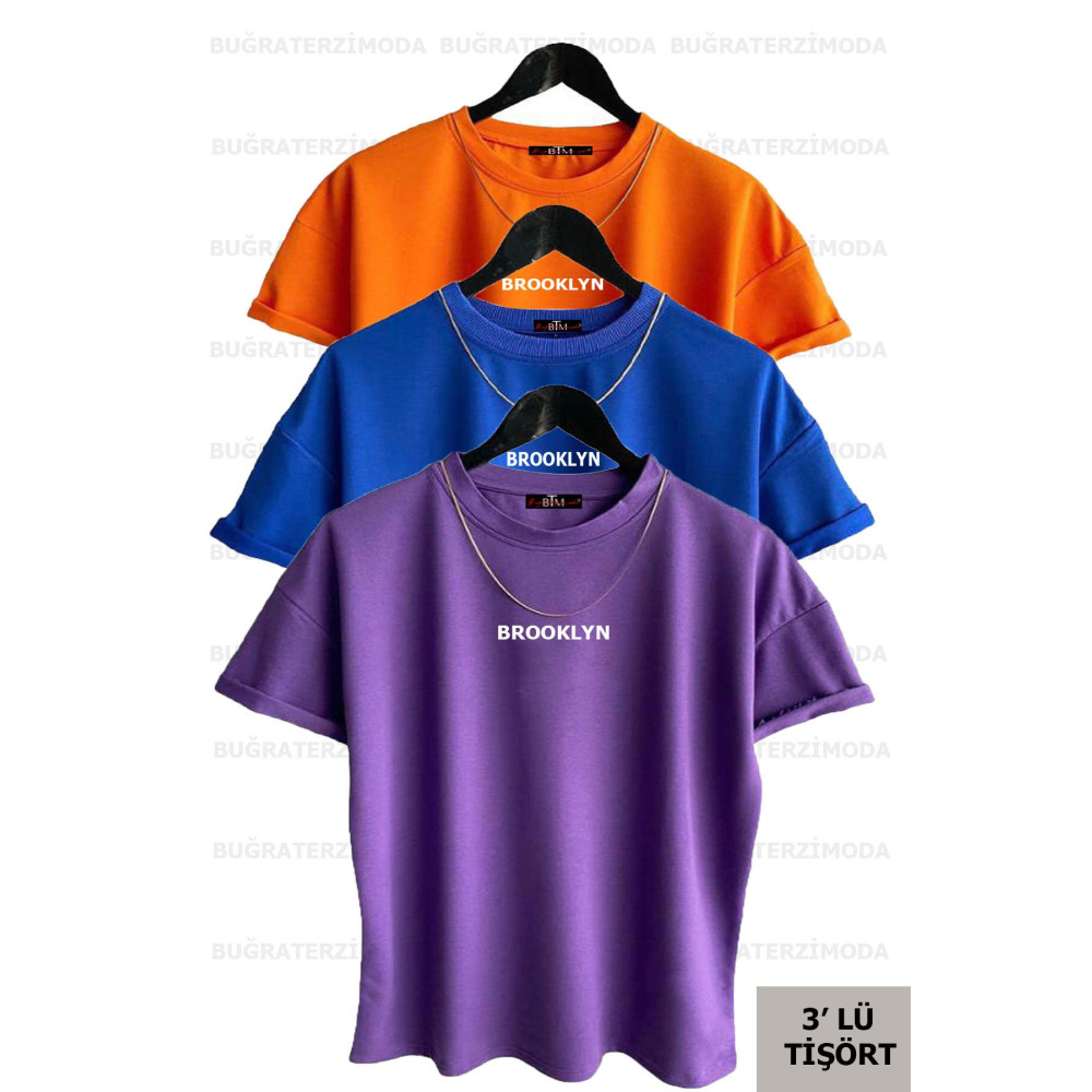 Buğraterzimoda Brooklyn Baskılı Unisex Mor-saks Mavisi-turuncu (bol Kalıp) Oversize 3lü T-shirt Paketi XL Beden Bayan T-shirt Fiyatı